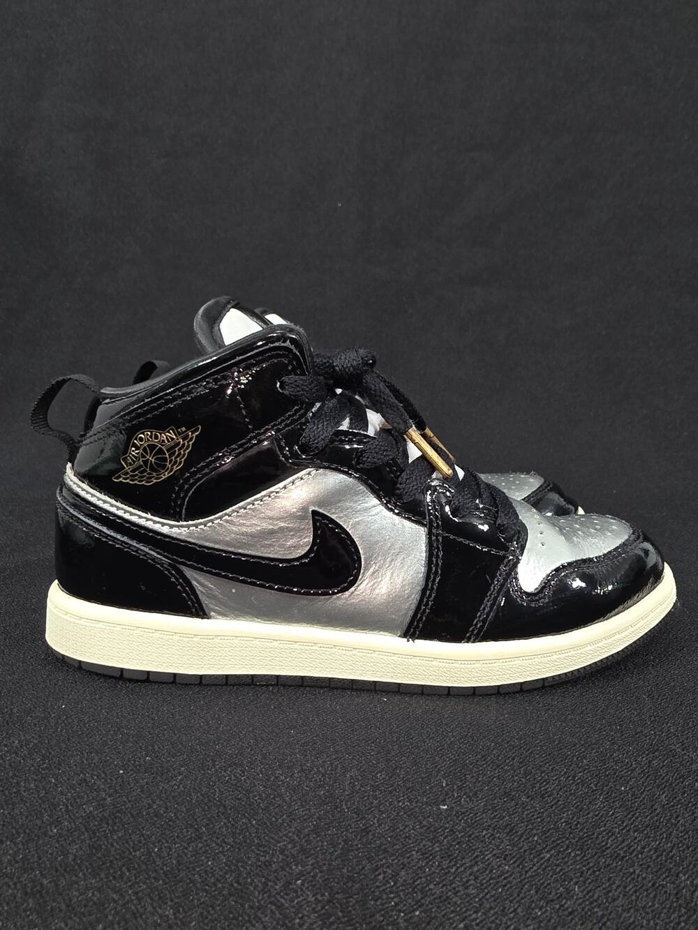 Nike Air Jordan 1 Mid Special Edition Black Metallic Silver Kids Size 3Y